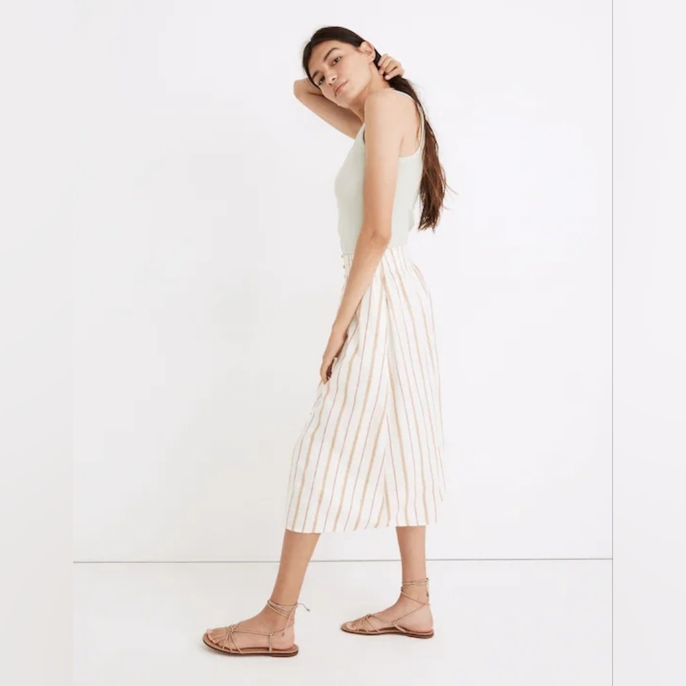 Madewell Linen-Cotton Smocked-Waist Button-Front Midi Skirt Size Medium - Picture 2 of 11